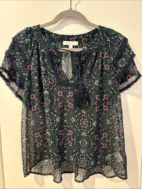 Navy Floral Tie-Front Short Sleeve Blouse